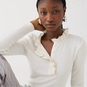 J. Crew vintage ribbed ruffle collar Henley with jewel trim, size L